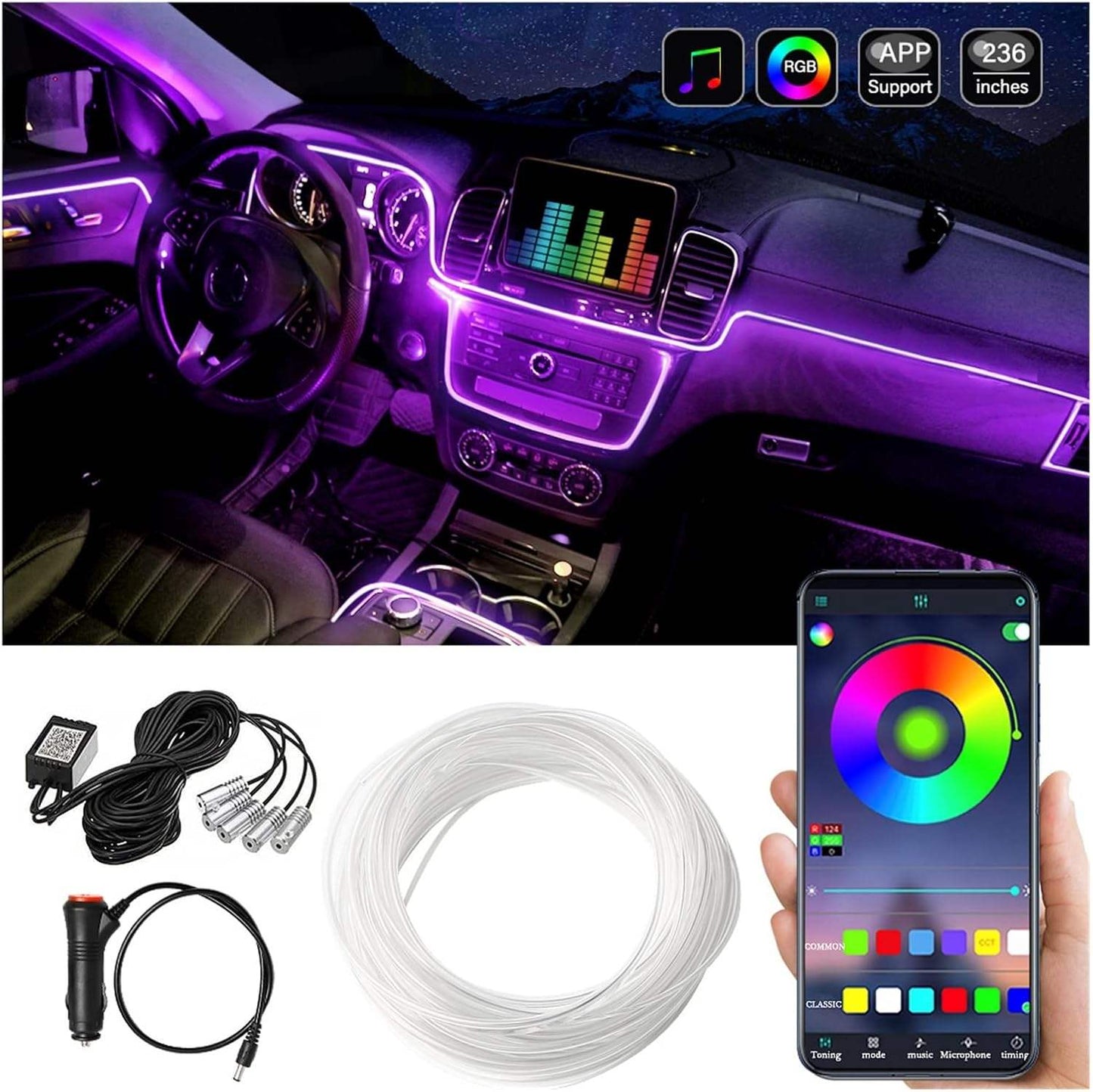 AUXITO Car LED 19ft Strip Lights 5 in 1 Cold RGB Ambient Lighting Kits APP Control Interior Car LED Strip Lights