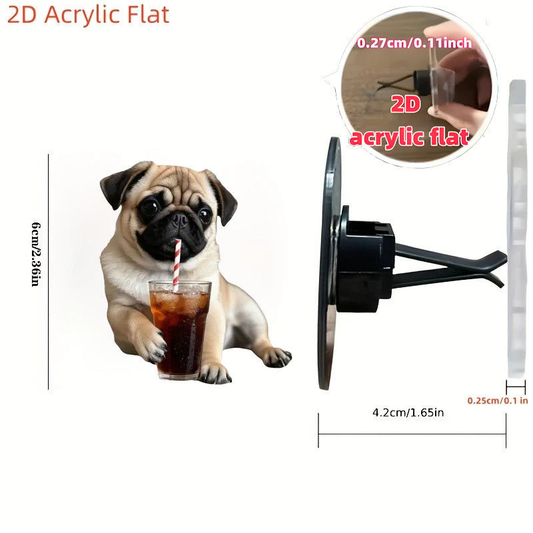 Pug dog 2D acrylic car vent clip with dimensions and side view