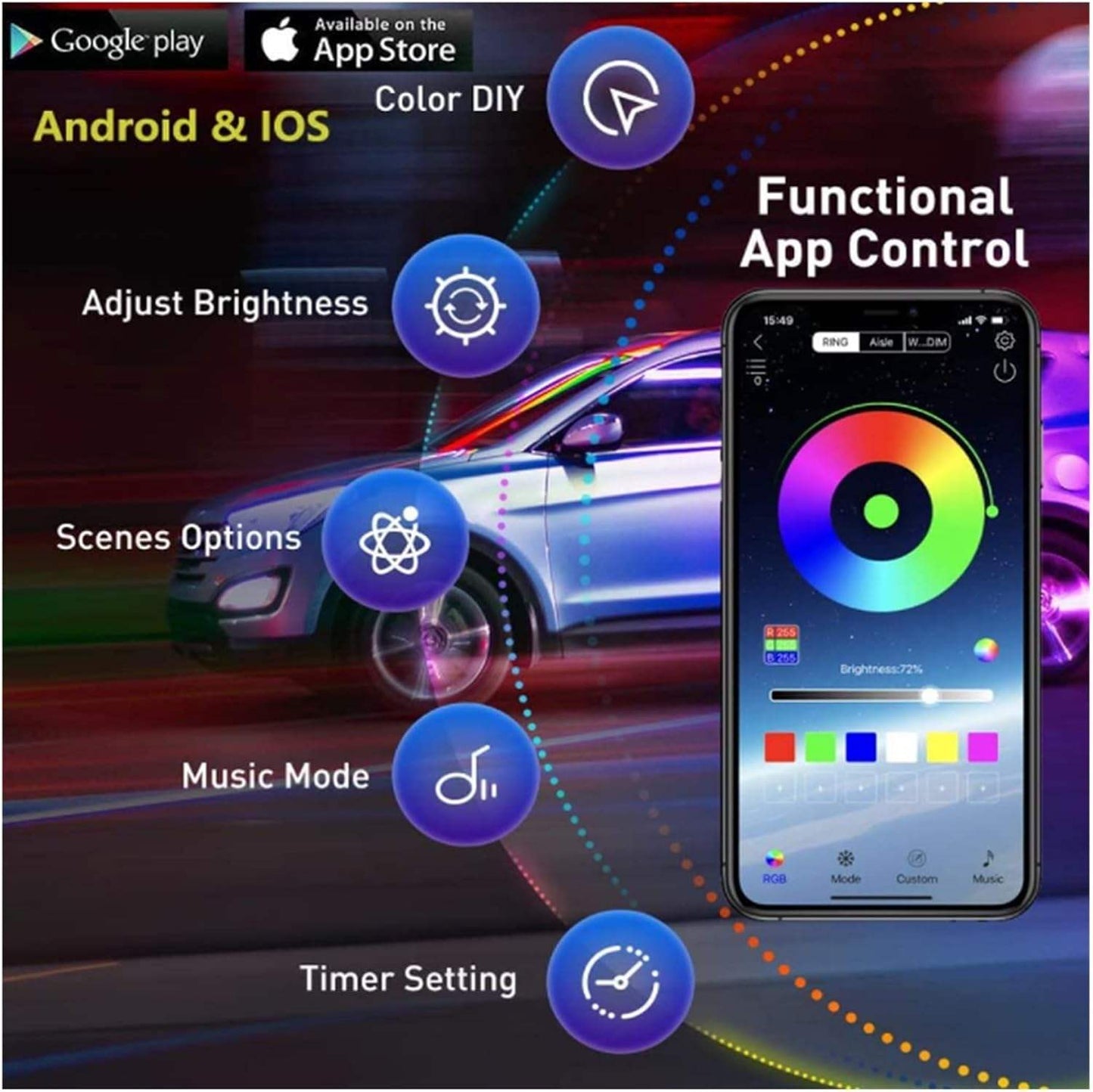 AUXITO Car LED 19ft Strip Lights 5 in 1 Cold RGB Ambient Lighting Kits APP Control Interior Car LED Strip Lights