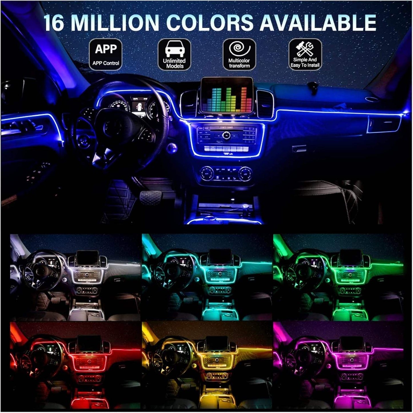AUXITO Car LED 19ft Strip Lights 5 in 1 Cold RGB Ambient Lighting Kits APP Control Interior Car LED Strip Lights