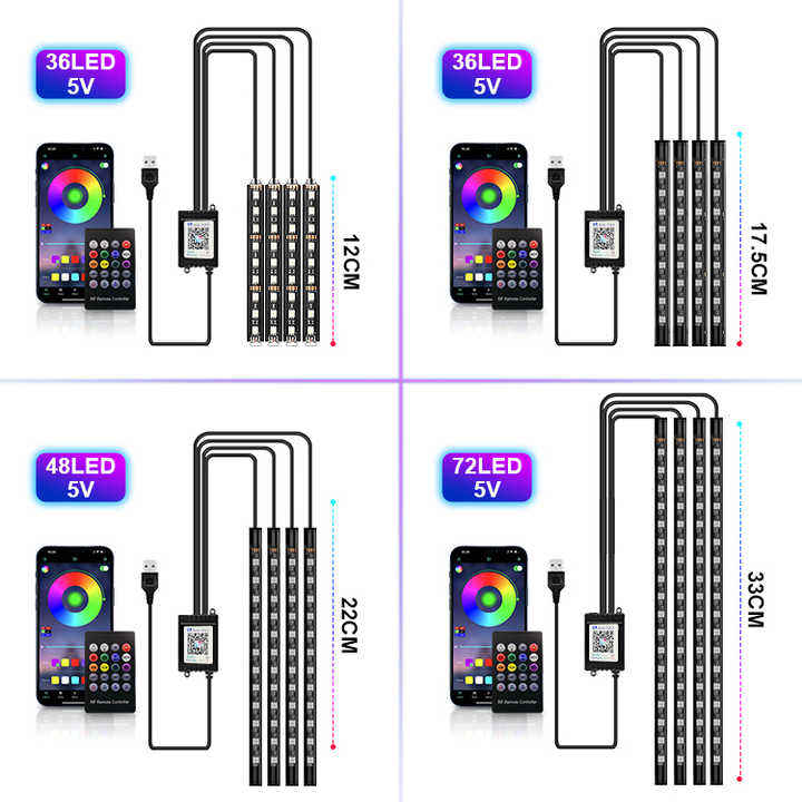 High Quality Universal Fitment Car Ambient Lighting Strip 5050 RGB LED App Remote Control Wireless Music USB 12V Interior Light