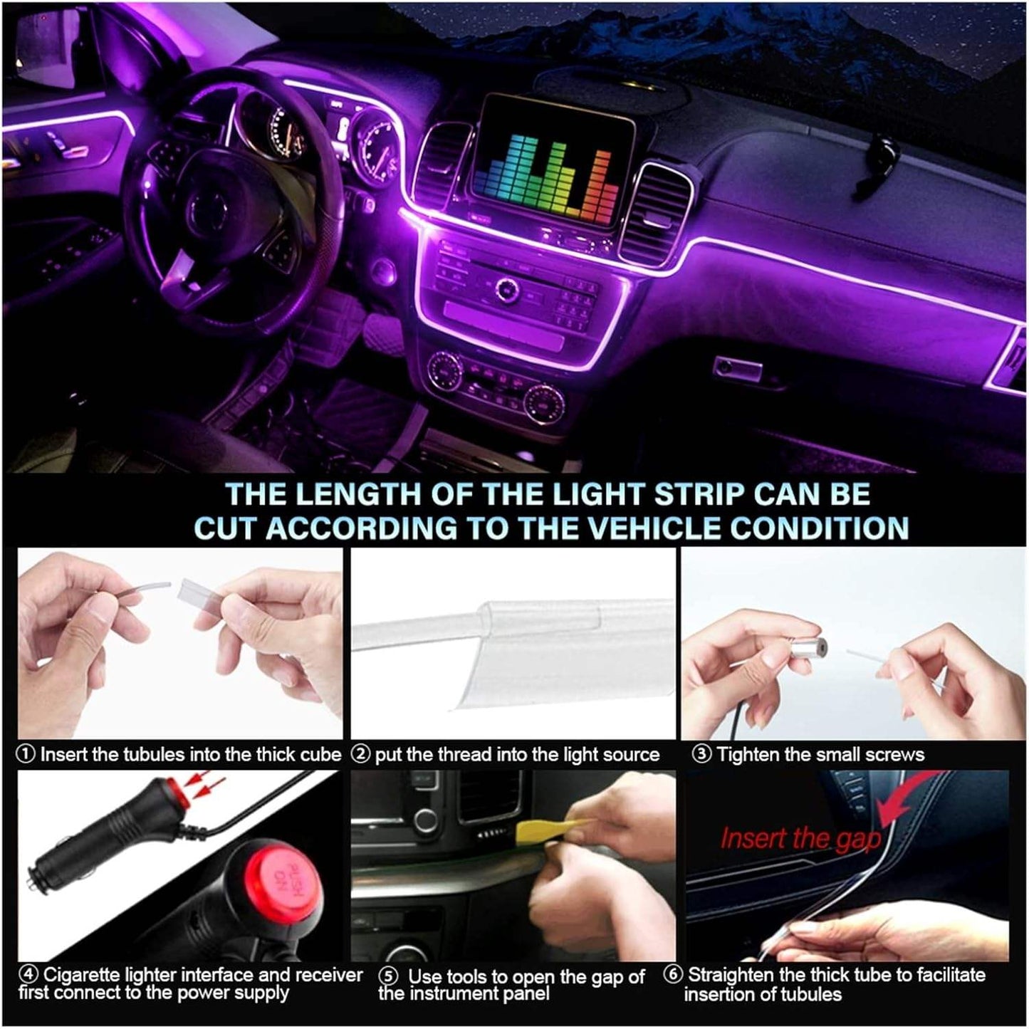 AUXITO Car LED 19ft Strip Lights 5 in 1 Cold RGB Ambient Lighting Kits APP Control Interior Car LED Strip Lights