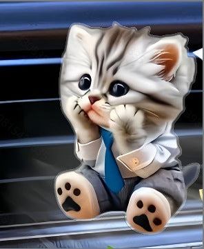 Grey-and-white cat car air vent decoration wearing a white shirt and blue tie