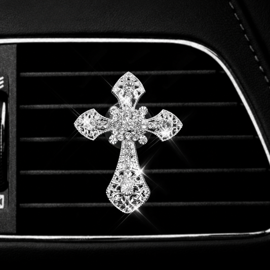 Silver rhinestone cross car air vent ornament