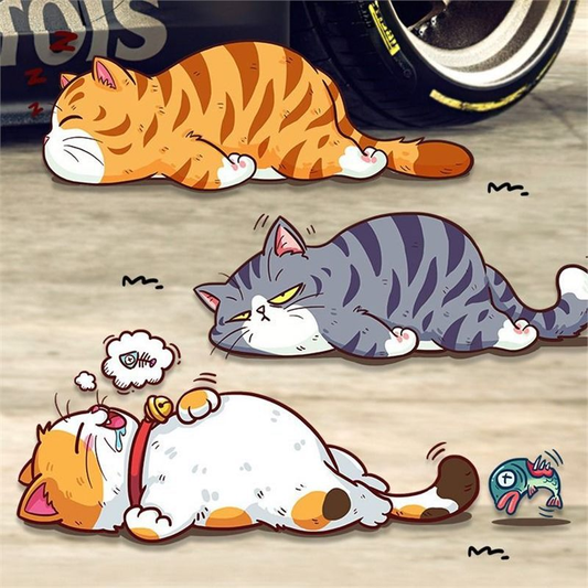 Three cartoon lazy cat decal designs: orange, grey and calico