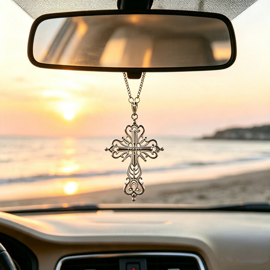 Vintage silver-tone filigree cross hanging ornament in a sunset car scene