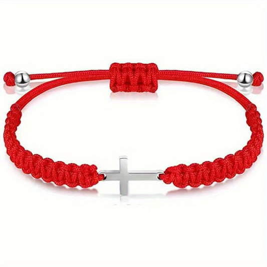 Red braided bracelet with silver-tone cross and sliding knot