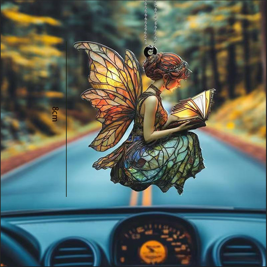 Reading fairy artwork on a flat acrylic hanging ornament, supplier height marking 8 cm